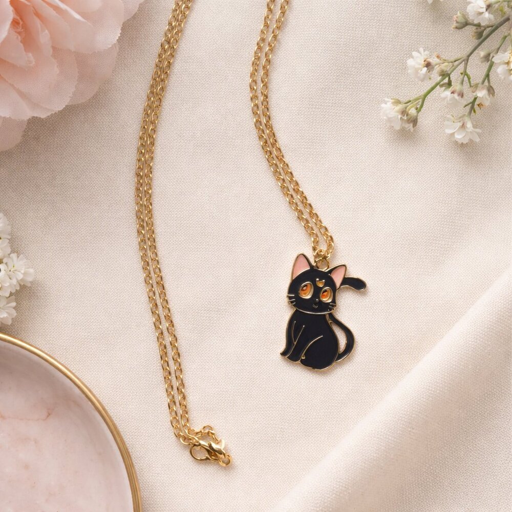 Sailor Moon Inspired Luna Cat Necklace – Gold Chain Anime Jewelry